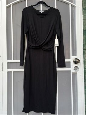 Black Long Sleeve Twist Front Midi Dress -